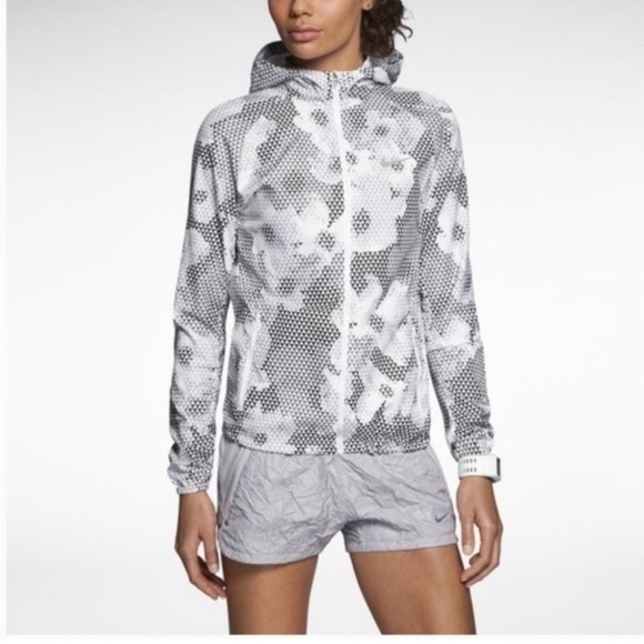Nike Jackets & Blazers - Nike Gray White Floral Running Distance Lightweight Reflective Zip-Up Jacket